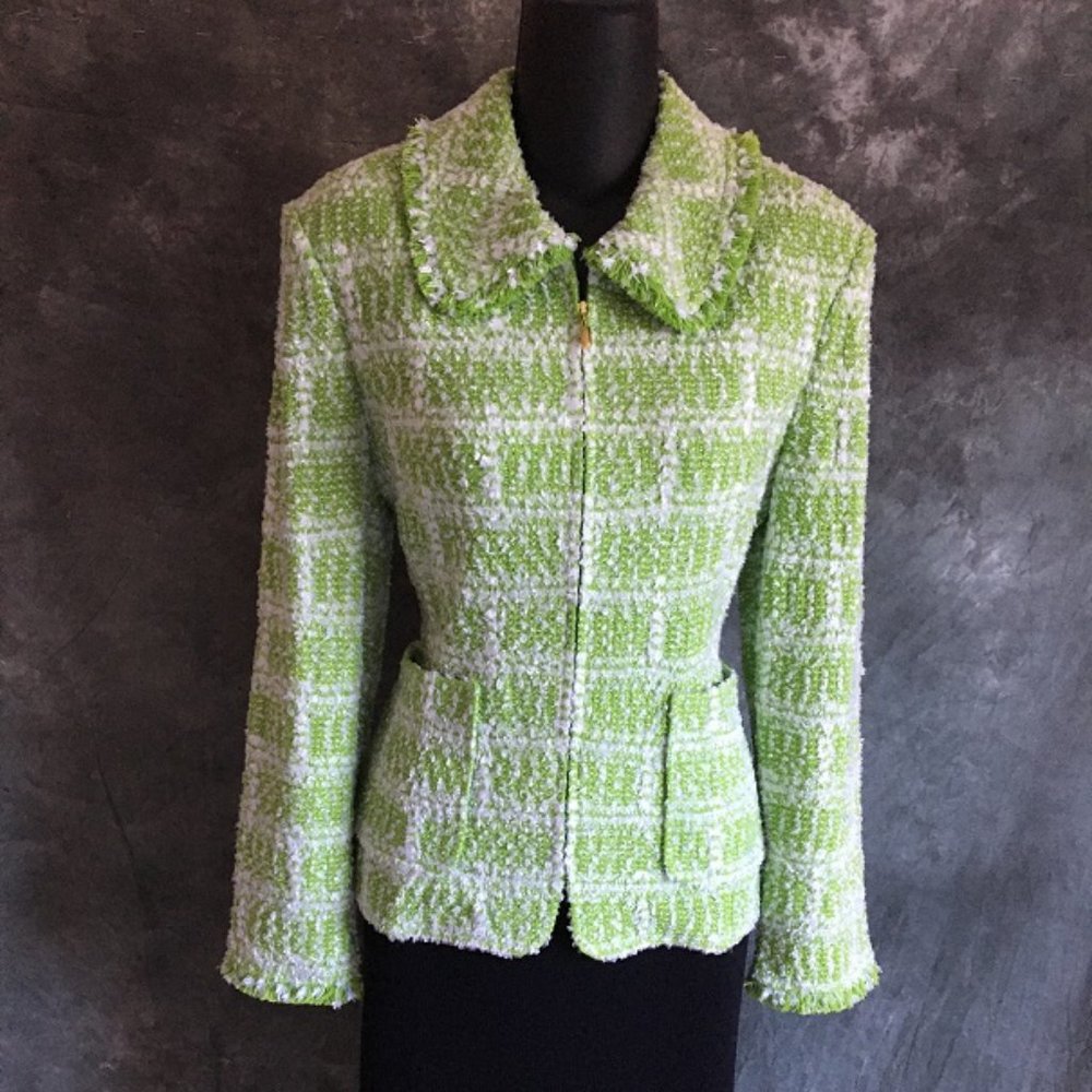 ST JOHN KNIT GREEN WHITE FRINGE JACKET SIZE 6